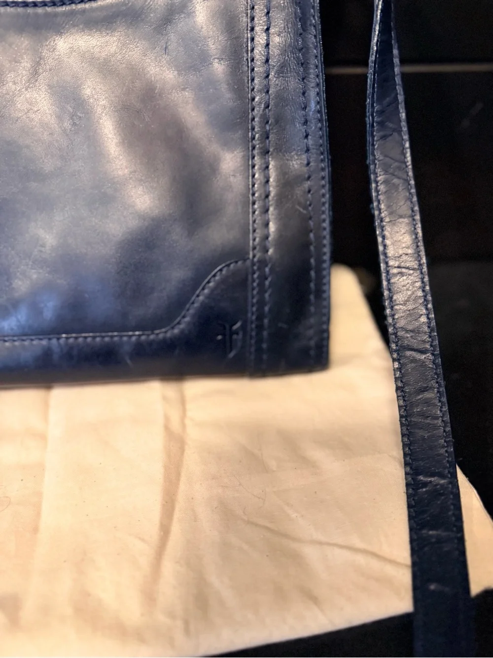 Frye Melissa zip Navy Leather Crossbody with Front Pocket